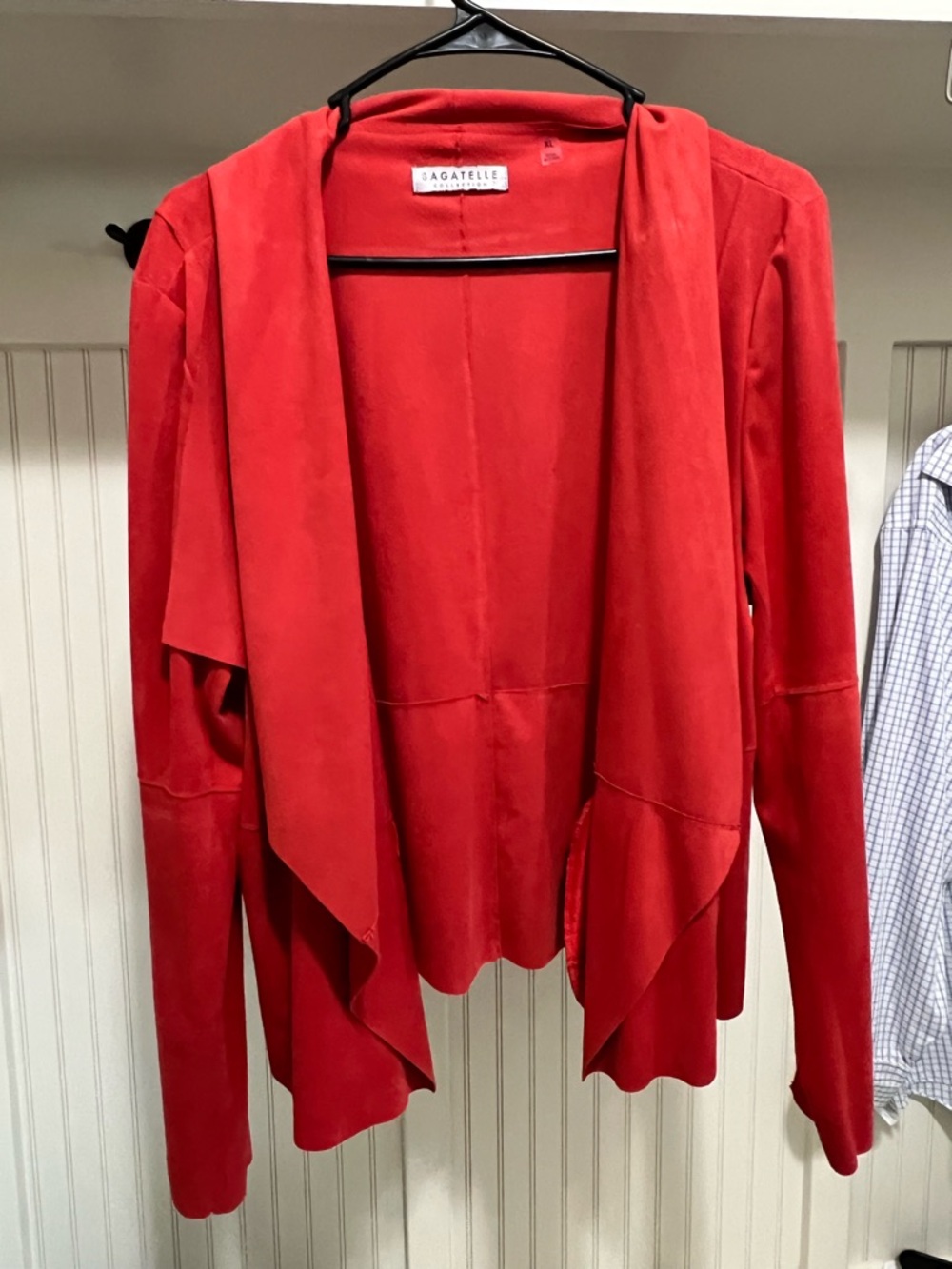 bagatelle Red Draped Waterfall Blazer with zipper details